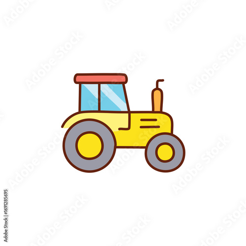 A yellow tractor on a white background, designed in a flat style, perfectly embodies agricultural innovation and farming