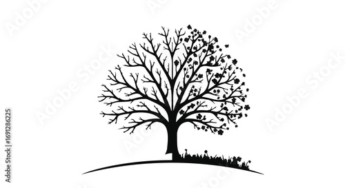 Stylized tree with blossoming branches against a clean white background, symbolizing growth and nature.