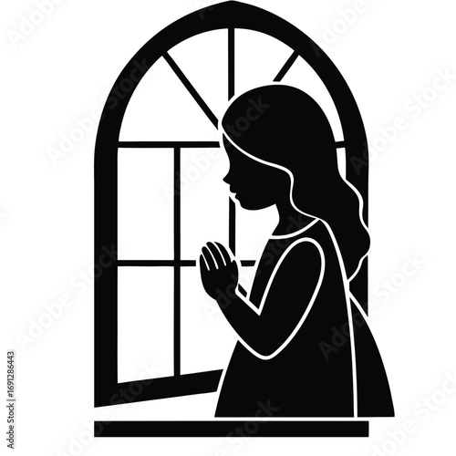 Girl Praying Near Window Vector Illustration