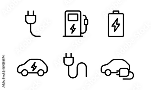 Electric vehicle charging icons: clean energy and battery power symbols