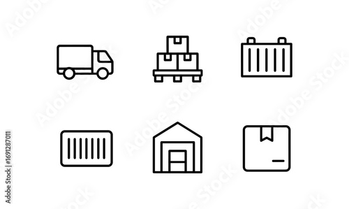 Linear icons of delivery and storage set: truck, warehouse, boxes, container