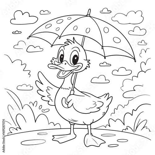 Cute Duck Coloring Pages with Black
 and white vector illustration