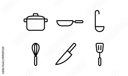 Minimalist linear kitchen utensils set featuring cooking essentials