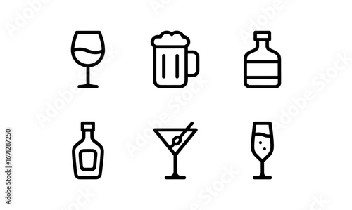 Minimalist line icons of various drinks: wine, beer, spirits, and cocktails