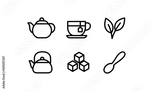 Minimalist tea icons set: teapot, cup, leaf, sugar, spoon in linear design