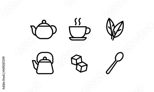 Minimalist tea icons set featuring teapot, cup, sugar, leaves, and spoon