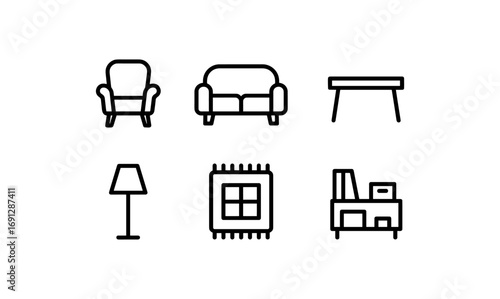 Minimalist linear icons: sofa, armchair, lamp, and more for modern interiors