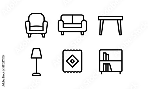 Minimalist home furniture icons set featuring modern living room essentials