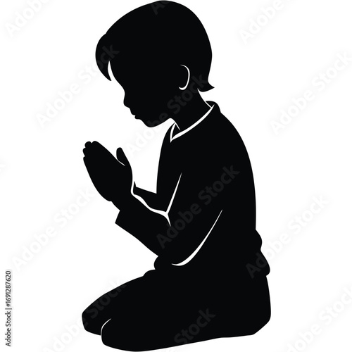 Boy Praying Outdoors Vector Illustration