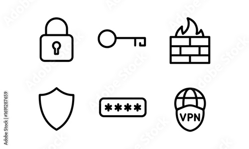 Cybersecurity essentials: locks, keys, firewalls, and shields in minimal icon style