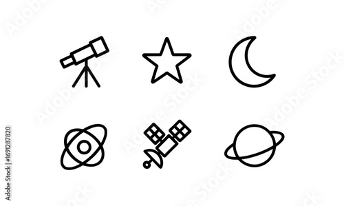 Astronomy icons set featuring telescope, star, moon, atom, satellite, and planet in minimalistic linear style