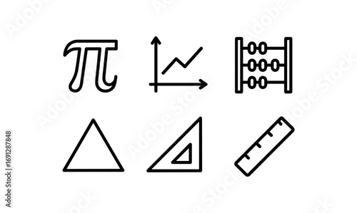 Minimalist math icons set: pi symbol, graph, abacus, geometric tools