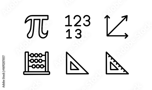 Minimalist black math symbols: pi, fractions, graphs, abacus, triangles, ruler
