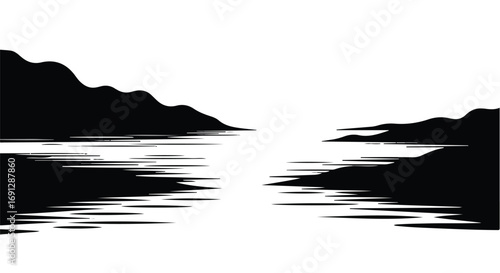 Serene abstract landscape with dark mountains reflected in stylized water