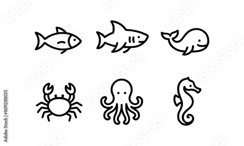 Minimalist marine life icons featuring fish, shark, whale, crab, octopus, and seahorse