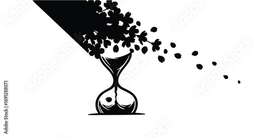Hourglass dissolving into scattered petals, symbolizing the fleeting nature of time and beauty.
