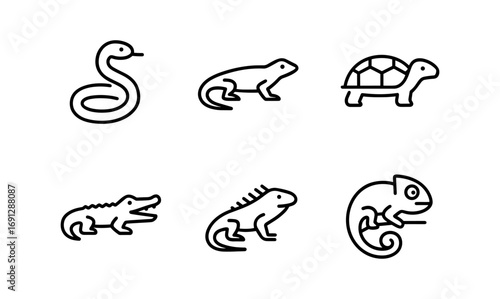 Minimalist reptile icons in linear style featuring snake, lizard, turtle, crocodile, iguana, and chameleon