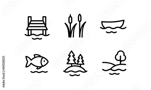 Minimalist linear nature icons: dock, reeds, boat, fish, trees, island