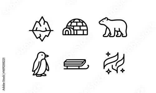 Minimalist arctic icons: polar bear, igloo, penguin, sled, northern lights, iceberg