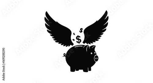 Piggy bank with wings and falling coins, symbolizing quick savings or financial growth.