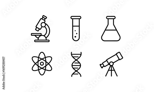 Set of science icons: microscope, atom, dna helix, telescope, test tube, flask in linear style