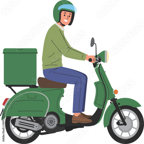 A red vintage moped is ridden by a helmeted woman