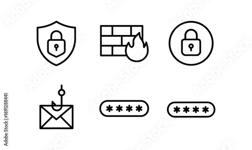 Cybersecurity icons: lock, firewall, phishing, password protection in minimalist linear design