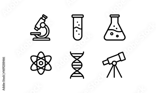 Science icons set featuring microscope, test tubes, atom, dna, telescope in linear style