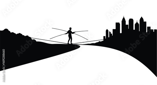 Silhouette of a person balancing on a tightrope with a city skyline in the distance.
