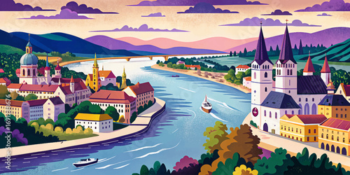 Danube River in Europe, crossing multiple countries, historic cities, castles, bridges, iconic cultural landscapes