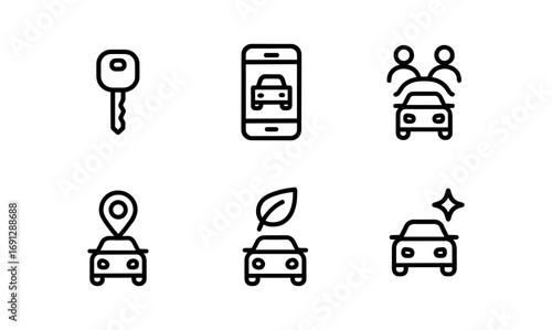 Car sharing and rental icons set featuring mobile app and eco-friendly concept in minimalist linear style