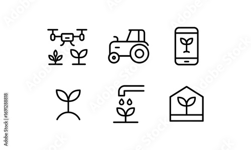 Linear farm technology icons highlighting modern agriculture solutions