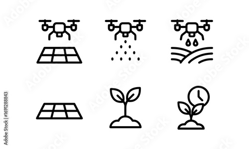 Smart farming technology with drones and plant growth process icons in linear style
