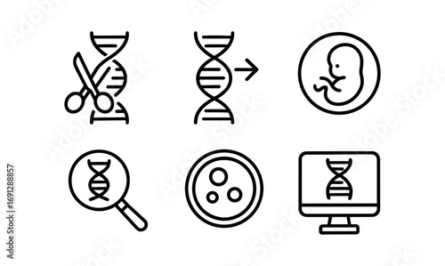 Genetic engineering icons: dna editing and analysis linear design