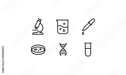 Simple laboratory icons featuring microscope, dna, and test tube in linear style