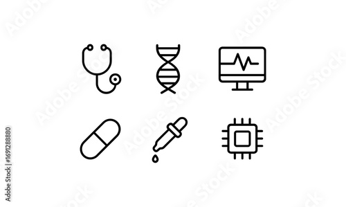 Medical and technology icon set featuring stethoscope, dna strand, and microchip in simple linear style