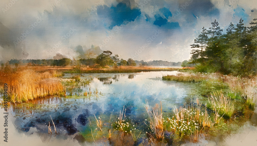 Obraz premium Watercolour Painting Of The Marsh Landscape A Picturesque Wetland Environment In Soft Natural Harmonious Colours