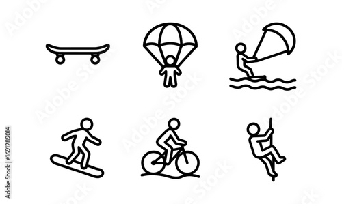 Outdoor adventure icons: minimalist line art for extreme sports enthusiasts