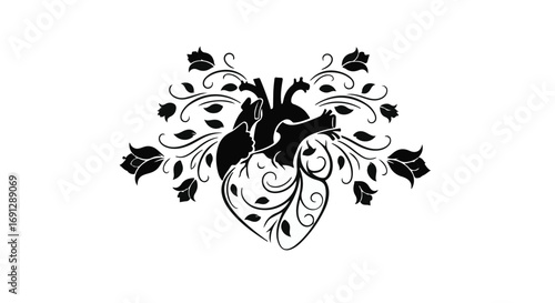 Artistic anatomical heart with swirling floral embellishments