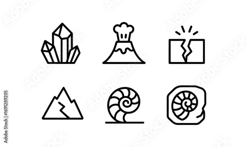 Linear icons of geology and natural phenomena featuring crystals, volcanoes, and fossils