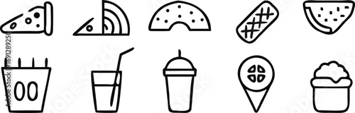 Black and white line art icons of food and drinks pizza slice vector
