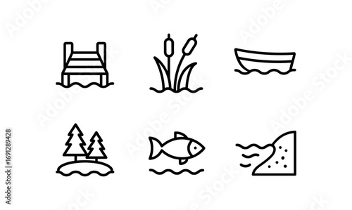 Minimalist linear lake icons: dock, boat, fish, nature, scenery