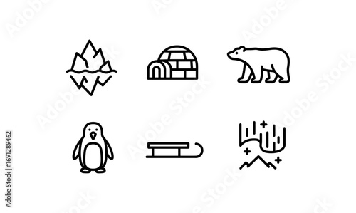 Arctic line art icons featuring wildlife, northern lights, and inuit housing