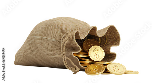 Bag of gold coins overflowing represents wealth prosperity financial success conceptual image transparent background