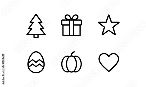 Simple line icons of holiday symbols for festive designs