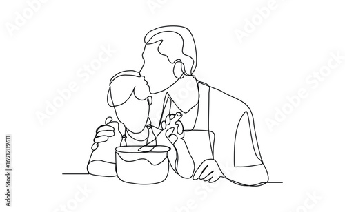 Continuous line drawing of happy father dad cooking together with her kid. Lovely family sketch drawing editable stroke vector illustration