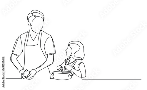 Continuous line drawing of happy father dad cooking together with her kid. Lovely family sketch drawing editable stroke vector illustration