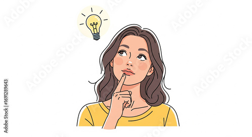 Thoughtful young woman with an idea light bulb illuminating above her head, symbolizing creativity, brainstorming, and finding a solution on an isolated transparent background.