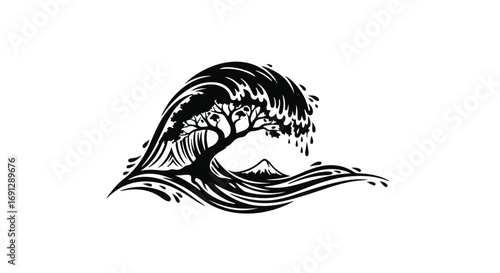 Stylized powerful wave crashing with a tree silhouette against a mountain peak