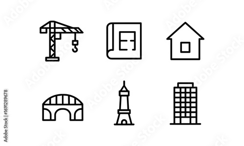 Minimalist linear architecture icons: construction, structures, and buildings